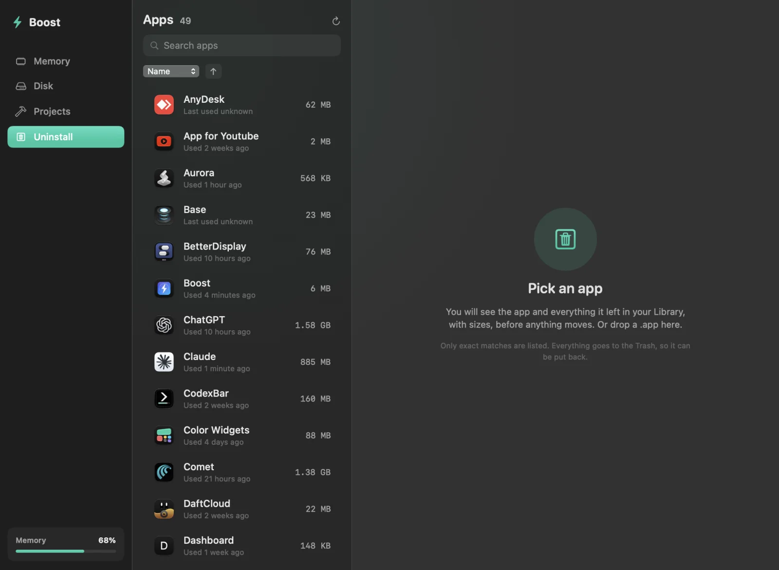 Boost's Uninstall tab: a searchable list of installed apps with their sizes and when each was last used, and a panel that says you will see everything an app left in your Library before anything moves