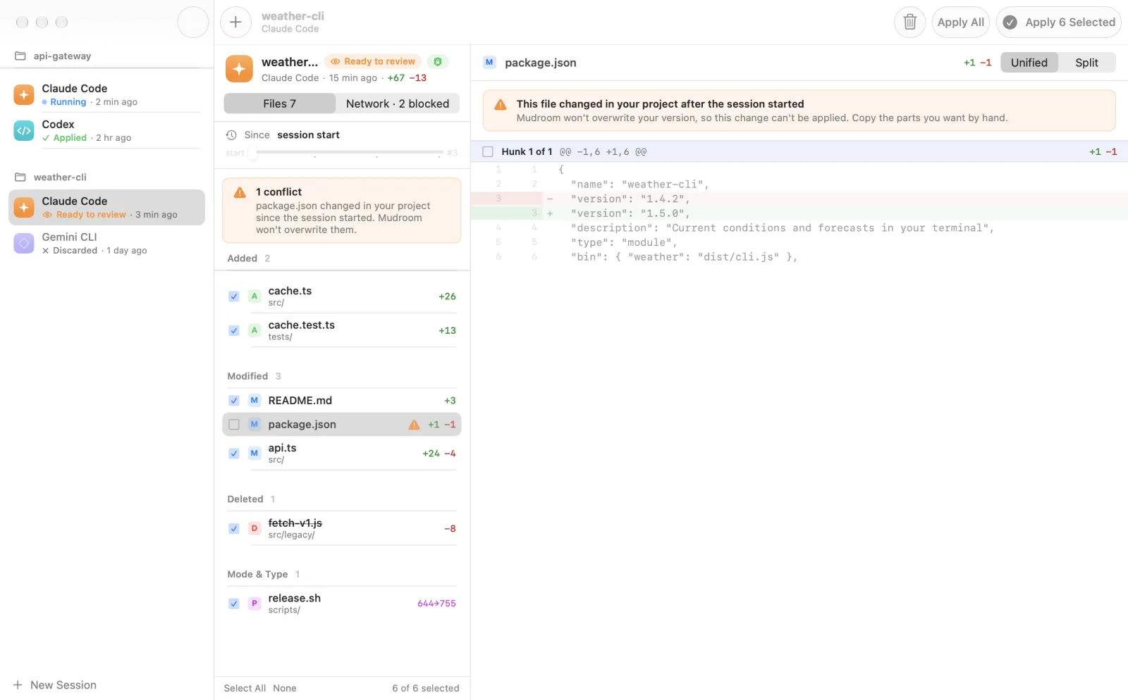 A conflict in Mudroom: package.json changed in the project after the session started, so Mudroom refuses to overwrite it and leaves that file unticked