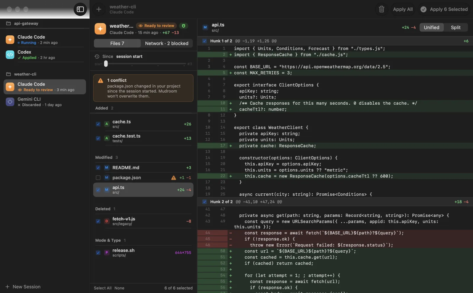 The same review screen in dark mode