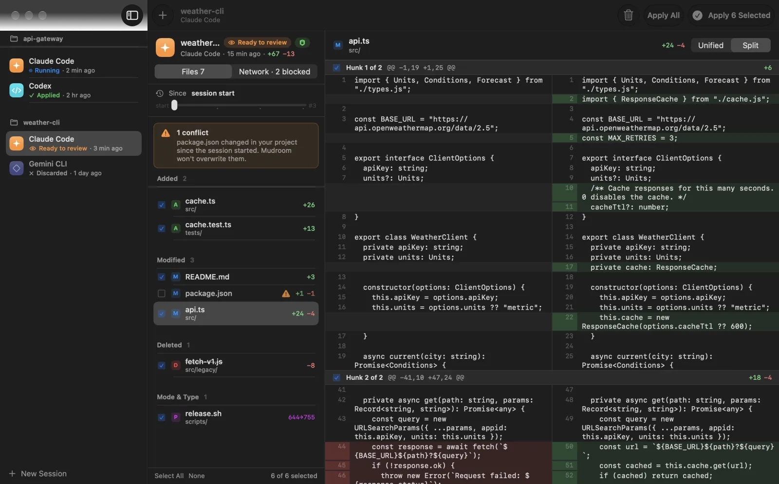 The review screen's split view in dark mode, with a file's old and new versions side by side