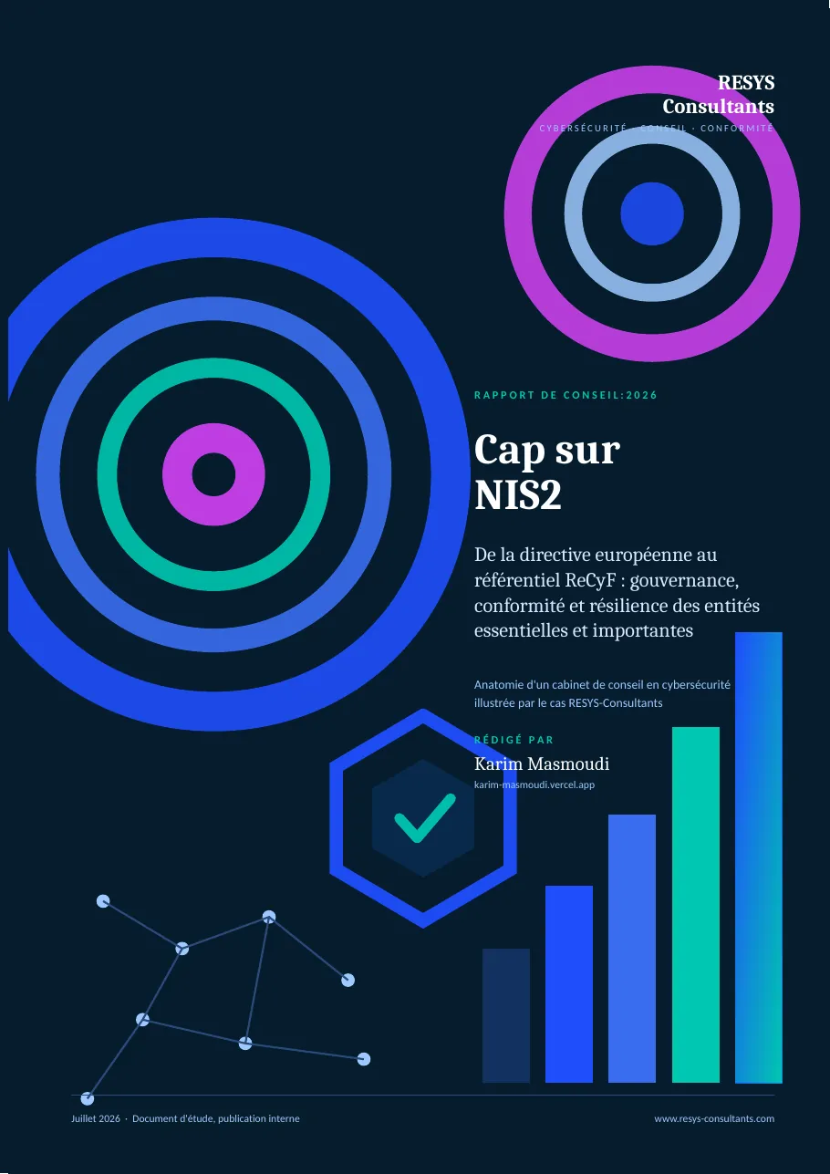 Cover of the study Cap sur NIS2, dark blue with concentric rings, the title and the author byline. It is marked as an internal study publication