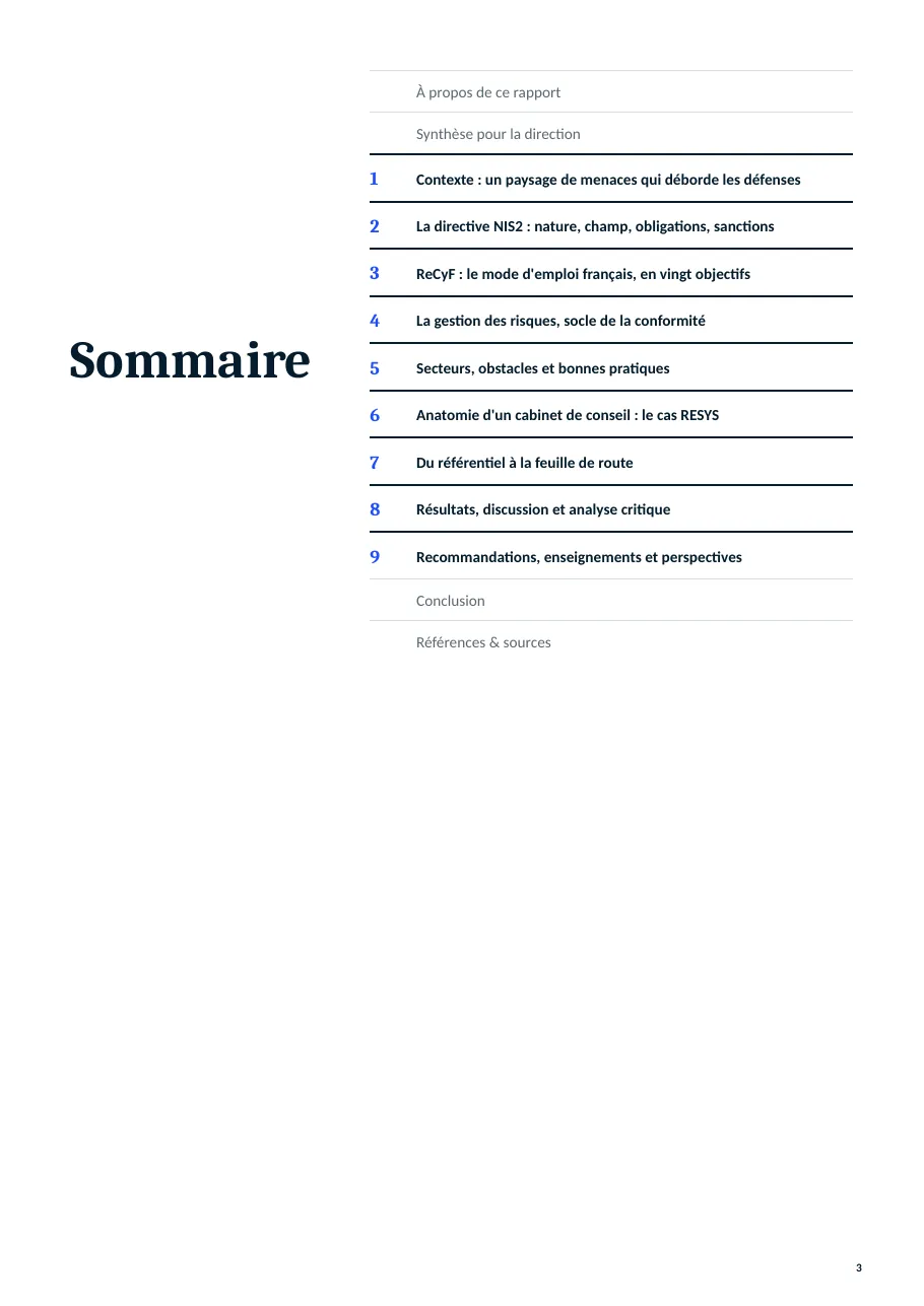Page 3: the table of contents, nine chapters from the threat context to recommendations
